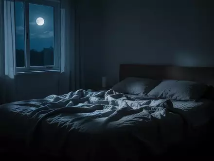 Ein ruhig beleuchtetes Schlafzimmer bei Nacht mit sanftem Mondlicht, das durch ein Fenster auf ein ungemachtes Bett fällt. - Foto: über boerse-global.de