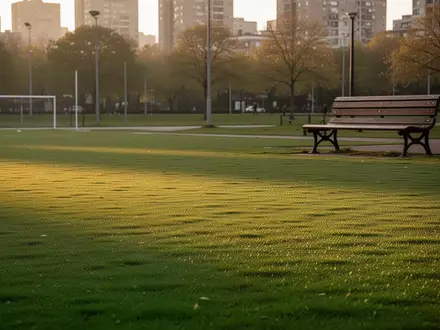 Ein leerer, gepflegter Sportplatz in einem städtischen Park bei Sonnenuntergang mit einer hölzernen Sitzbank im Hintergrund. - Foto: über boerse-global.de