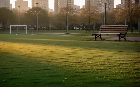 Ein leerer, gepflegter Sportplatz in einem städtischen Park bei Sonnenuntergang mit einer hölzernen Sitzbank im Hintergrund. - Foto: über boerse-global.de