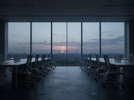 Ein verlassener, moderner Büroraum in der Dämmerung mit leeren Schreibtischen und einer ruhigen, minimalistischen Atmosphäre. - Foto: über boerse-global.de