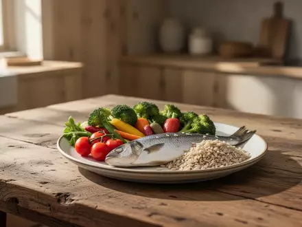 Ein gesund angerichteter Teller mit frischem Gemüse, Fisch und Vollkornprodukten auf einem Holztisch. - Foto: über boerse-global.de