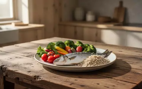 Ein gesund angerichteter Teller mit frischem Gemüse, Fisch und Vollkornprodukten auf einem Holztisch. - Foto: über boerse-global.de