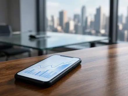 Ein Smartphone auf einem modernen Schreibtisch zeigt abstrakte Markttrends, während im Hintergrund eine Stadt zu sehen ist. - Foto: über boerse-global.de