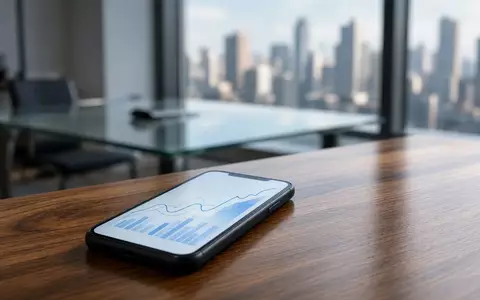 Ein Smartphone auf einem modernen Schreibtisch zeigt abstrakte Markttrends, während im Hintergrund eine Stadt zu sehen ist. - Foto: über boerse-global.de