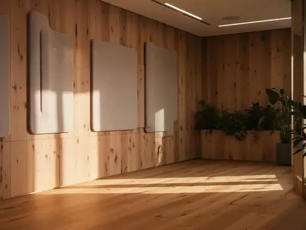 Ein helles Büro mit hellem Eichenparkett, Holzverkleidungen und Akustikpaneelen aus Wolle in einer ruhigen, natürlichen Umgebung. - Foto: über boerse-global.de