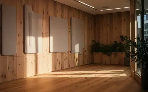 Ein helles Büro mit hellem Eichenparkett, Holzverkleidungen und Akustikpaneelen aus Wolle in einer ruhigen, natürlichen Umgebung. - Foto: über boerse-global.de