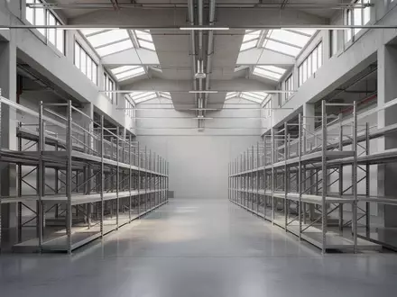 Ein minimalistisch gestalteter, moderner Lagerraum mit geordneten Regalen und Betonboden in hellem Tageslicht. - Foto: ĂŒber boerse-global.de