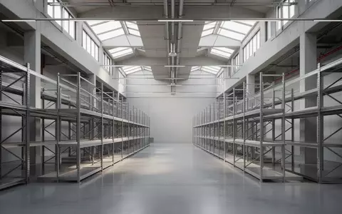 Ein minimalistisch gestalteter, moderner Lagerraum mit geordneten Regalen und Betonboden in hellem Tageslicht. - Foto: über boerse-global.de