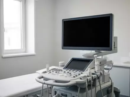 Ein modernes, steriles Untersuchungszimmer in einer Klinik mit einem medizinischen Ultraschallgerät und dunklem Bildschirm. - Foto: über boerse-global.de