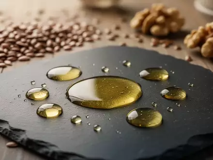 Goldene Öltröpfchen auf einer dunklen Schieferplatte umgeben von natürlichen Zutaten wie Leinsamen und Walnüssen. - Foto: über boerse-global.de