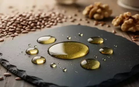 Goldene Öltröpfchen auf einer dunklen Schieferplatte umgeben von natürlichen Zutaten wie Leinsamen und Walnüssen. - Foto: über boerse-global.de