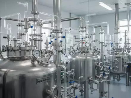 Moderne industrielle Anlage zur Herstellung pharmazeutischer Zwischenprodukte mit Edelstahlreaktoren und Rohrleitungssystemen. - Foto: über boerse-global.de