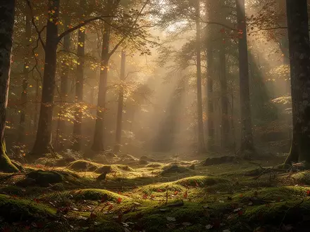 Sonnenlicht fällt durch die Baumkronen eines herbstlichen Waldes und beleuchtet den Waldboden. - Foto: über boerse-global.de