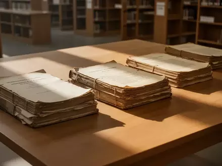 Ordentlich gestapelte, alte Forschungsdokumente auf einem Holztisch in einer ruhigen Bibliothek bei natürlichem Licht. - Foto: über boerse-global.de