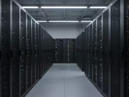 Reihen von Server-Racks in einem modernen, minimalistischen Rechenzentrum mit kühler Beleuchtung. - Foto: über boerse-global.de
