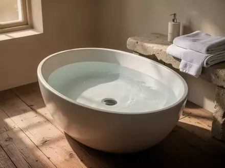 Ein minimalistisches, helles Badezimmer mit einem weißen Waschbecken voller Wasser und einem bereitliegenden Leinentuch. - Foto: über boerse-global.de