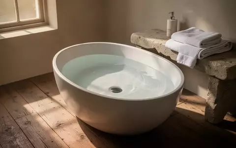 Ein minimalistisches, helles Badezimmer mit einem weißen Waschbecken voller Wasser und einem bereitliegenden Leinentuch. - Foto: über boerse-global.de
