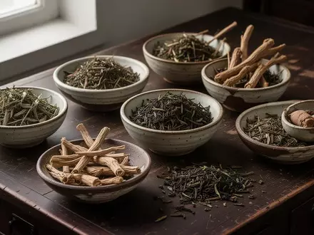 Traditionelle chinesische Heilkräuter und Wurzeln in keramischen Schalen auf einem hölzernen Apothekertisch. - Foto: über boerse-global.de