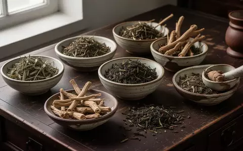 Traditionelle chinesische Heilkräuter und Wurzeln in keramischen Schalen auf einem hölzernen Apothekertisch. - Foto: über boerse-global.de