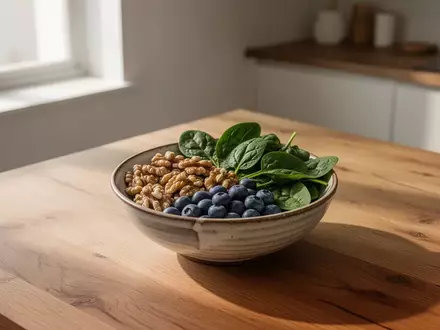 Eine Schale mit frischen, gesunden Lebensmitteln wie Walnüssen und Beeren auf einem Holztisch in einer hellen Küche. - Foto: über boerse-global.de
