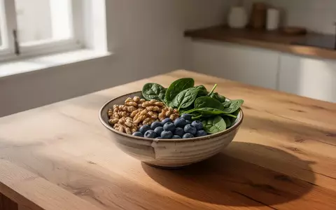 Eine Schale mit frischen, gesunden Lebensmitteln wie Walnüssen und Beeren auf einem Holztisch in einer hellen Küche. - Foto: über boerse-global.de