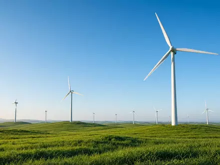 Moderne Windkraftanlagen in einer weitläufigen grünen Landschaft unter blauem Himmel. - Foto: über boerse-global.de
