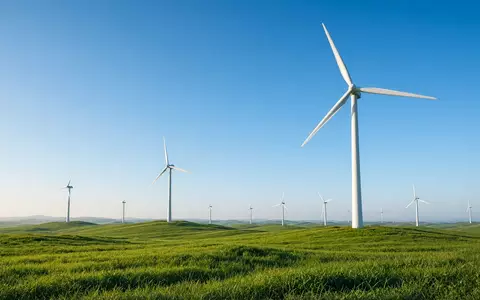 Moderne Windkraftanlagen in einer weitläufigen grünen Landschaft unter blauem Himmel. - Foto: über boerse-global.de