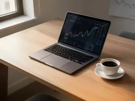 Ein minimalistischer, moderner Arbeitsplatz mit einem Laptop und einer Kaffeetasse in natürlichem Licht. - Foto: über boerse-global.de