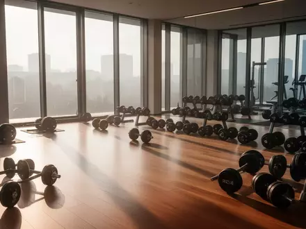 Ein minimalistisch eingerichteter, leerer Fitnessraum mit Hanteln auf einem Holzboden in natürlichem Morgenlicht. - Foto: über boerse-global.de