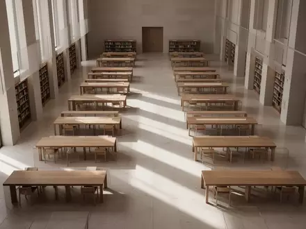 Ein minimalistischer, heller Bibliotheksraum mit leeren Holztischen und geometrischen Schattenwürfen auf dem Boden. - Foto: über boerse-global.de