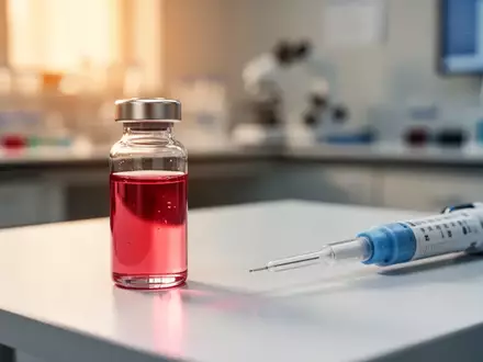 Ein medizinisches Labor mit einer Blutplasmaprobe in einem Glasröhrchen auf einem Labortisch. - Foto: über boerse-global.de