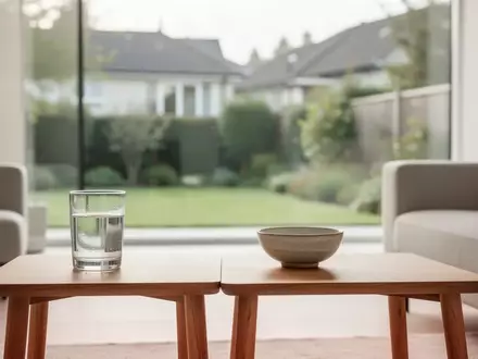 Ein helles, minimalistisch eingerichtetes Wohnzimmer mit einem Glas Wasser auf einem Holztisch vor einem Fenster zum Garten. - Foto: über boerse-global.de