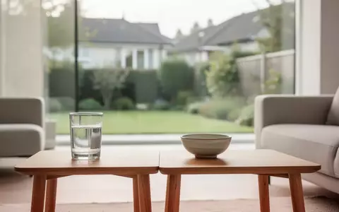 Ein helles, minimalistisch eingerichtetes Wohnzimmer mit einem Glas Wasser auf einem Holztisch vor einem Fenster zum Garten. - Foto: über boerse-global.de