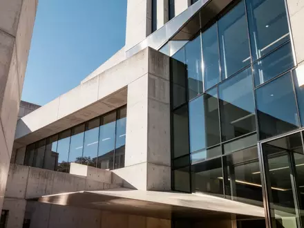 Moderne Architektur eines öffentlichen Gebäudes mit klaren geometrischen Linien und einer Glasfassade im Sonnenlicht. - Foto: über boerse-global.de