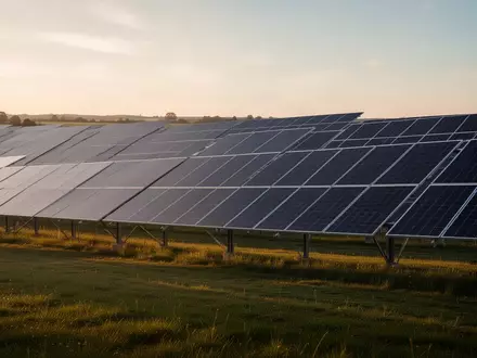 Weitläufiger Solarpark mit Photovoltaikanlagen auf einer Wiese bei Sonnenuntergang. - Foto: über boerse-global.de