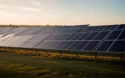 Weitläufiger Solarpark mit Photovoltaikanlagen auf einer Wiese bei Sonnenuntergang. - Foto: über boerse-global.de