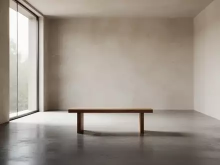 Ein minimalistischer, ruhiger Raum mit einer Holzbank vor einem großen Fenster, das sanftes Tageslicht hereinlässt. - Foto: über boerse-global.de