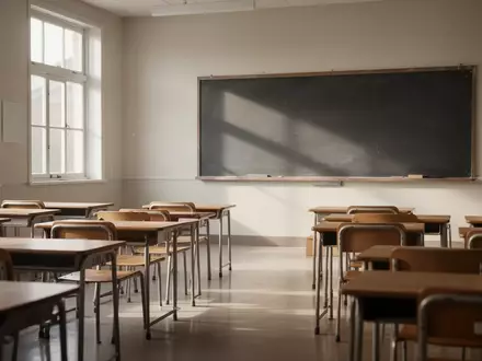 Ein leerer, sonnendurchfluteter Klassenraum mit ordentlich aufgereihten Holztischen und Stühlen in einer Schule. - Foto: über boerse-global.de