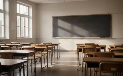 Ein leerer, sonnendurchfluteter Klassenraum mit ordentlich aufgereihten Holztischen und Stühlen in einer Schule. - Foto: über boerse-global.de