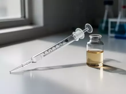 Eine Laborpipette und ein Glasfläschchen mit einer hellen Flüssigkeit auf einem weißen Untergrund in einem Labor. - Foto: über boerse-global.de