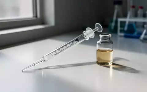 Eine Laborpipette und ein Glasfläschchen mit einer hellen Flüssigkeit auf einem weißen Untergrund in einem Labor. - Foto: über boerse-global.de