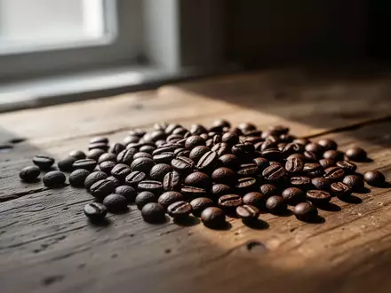 Nahaufnahme von gerösteten Kaffeebohnen auf einem rustikalen Holztisch bei natürlichem Lichteinfall. - Foto: über boerse-global.de