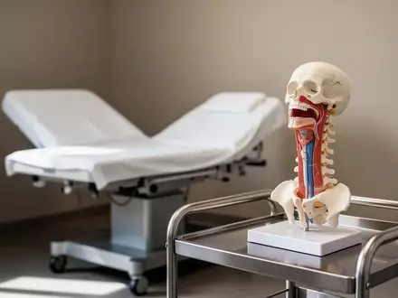 Ein anatomisches Modell der menschlichen Halswirbelsäule und des Rachenbereichs in einem hellen, klinischen Untersuchungsraum. - Foto: über boerse-global.de