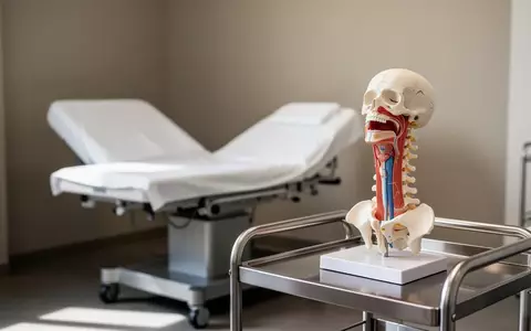 Ein anatomisches Modell der menschlichen Halswirbelsäule und des Rachenbereichs in einem hellen, klinischen Untersuchungsraum. - Foto: über boerse-global.de