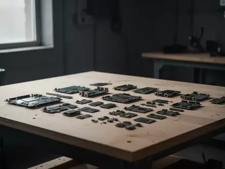 Ein minimalistischer, aufgeräumter Werkstattbereich mit elektronischen Bauteilen auf einem Holztisch bei natürlichem Licht. - Foto: über boerse-global.de