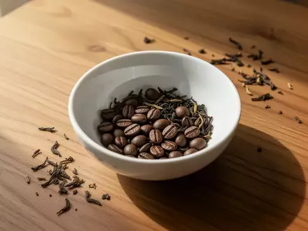 Nahaufnahme von Kaffeebohnen und losen Teeblättern auf einer hölzernen Tischoberfläche bei natürlichem Lichteinfall. - Foto: über boerse-global.de