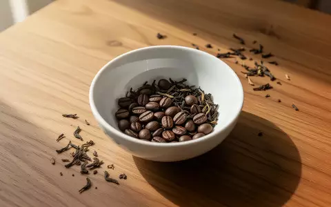 Nahaufnahme von Kaffeebohnen und losen Teeblättern auf einer hölzernen Tischoberfläche bei natürlichem Lichteinfall. - Foto: über boerse-global.de