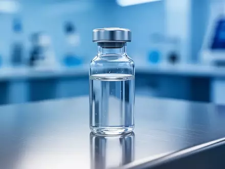 Eine sterile Glasampulle mit einer klaren Flüssigkeit auf einer metallischen Oberfläche in einem modernen Labor. - Foto: über boerse-global.de