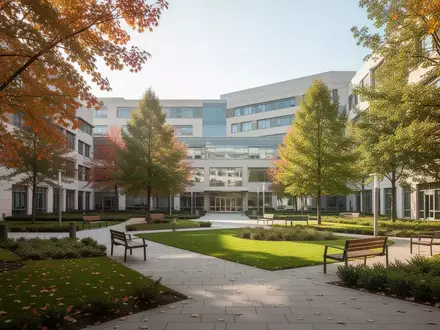 Ein gepflegter, sauberer Außenbereich eines modernen Krankenhausgeländes mit Wegen und Grünflächen bei Tageslicht. - Foto: über boerse-global.de
