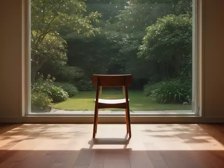 Ein ruhiger, sonnendurchfluteter Raum mit einem leeren Stuhl vor einem Fenster mit Blick in einen grünen Garten. - Foto: über boerse-global.de